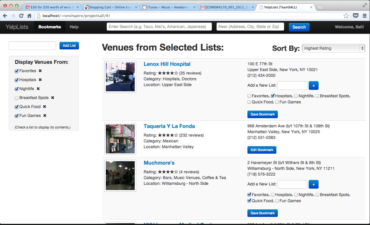 YelpLists screenshot